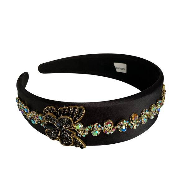 Headband Black Embellished Gold Butterfly Rhinestone Crystal Hair Band NEW main image 4
